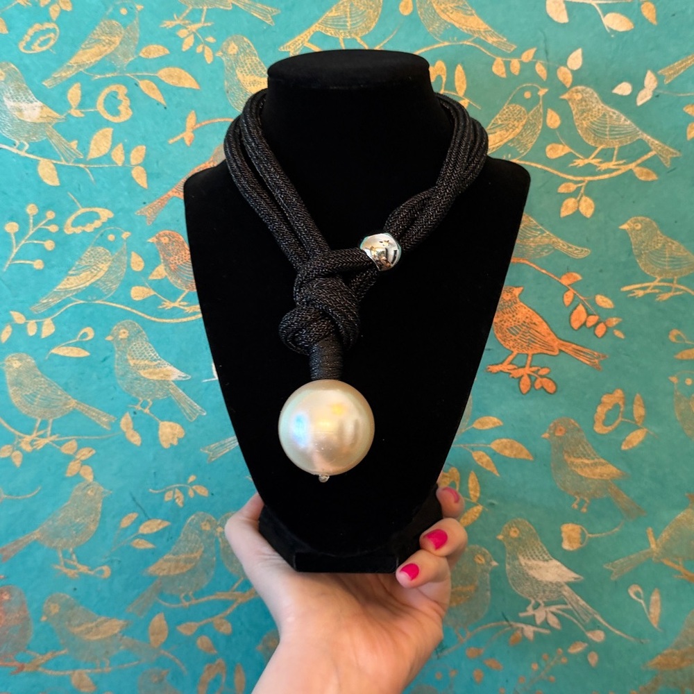 Giant Faux Pearl Black Necklace with Silver Accents